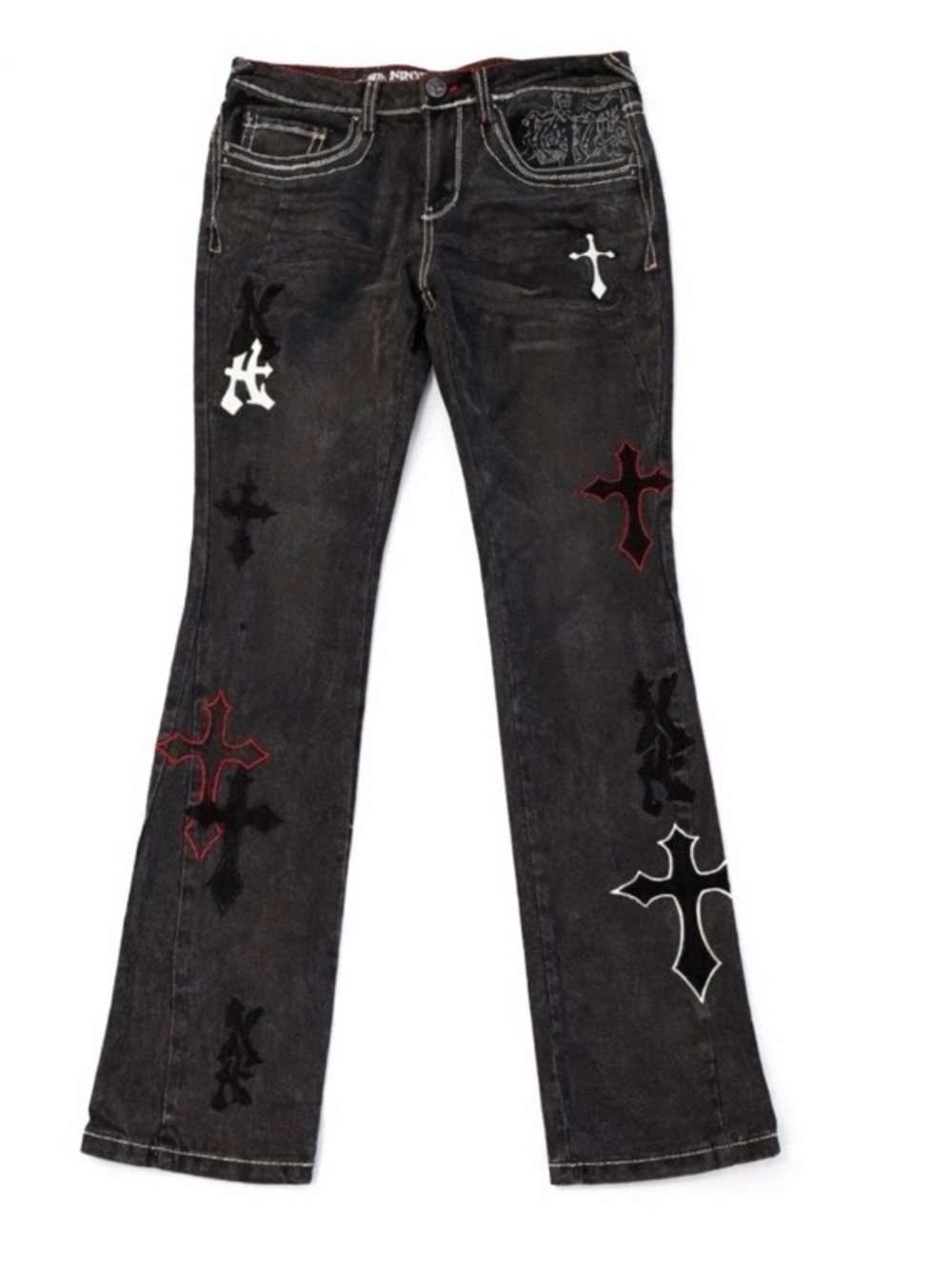 Men’s Zumiez NWT - Ninth Hall NH Stacked Flare Black Cross-Embroidered Jeans